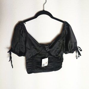 Forever 21 Satin Black Puff Sleeve Crop Small